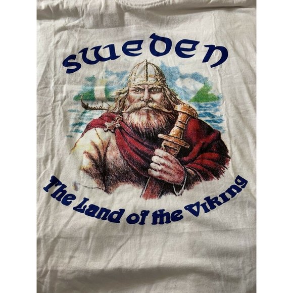 Vintage SWEDEN The Land of‎ the Viking Men’s Sz L T shirt White Design In Sweden - Picture 6 of 6